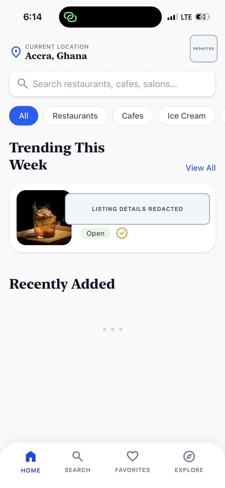 Arcfield Discover mobile interface showing location search, categories and a redacted local listing.