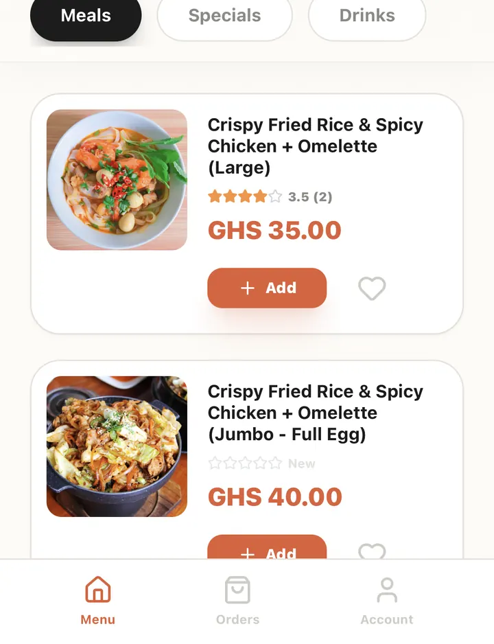 Food ordering interface showing menu categories and selectable dishes.