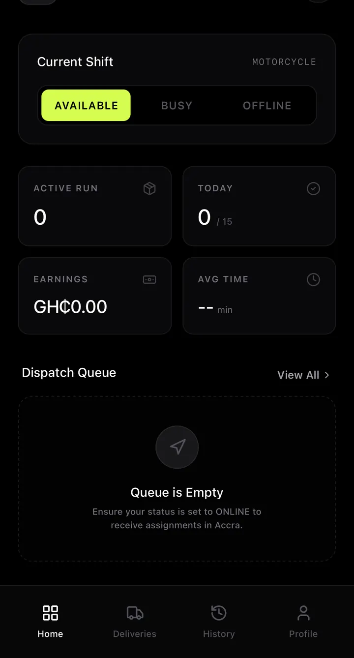 Rider dashboard showing shift availability, run metrics and a dispatch queue.